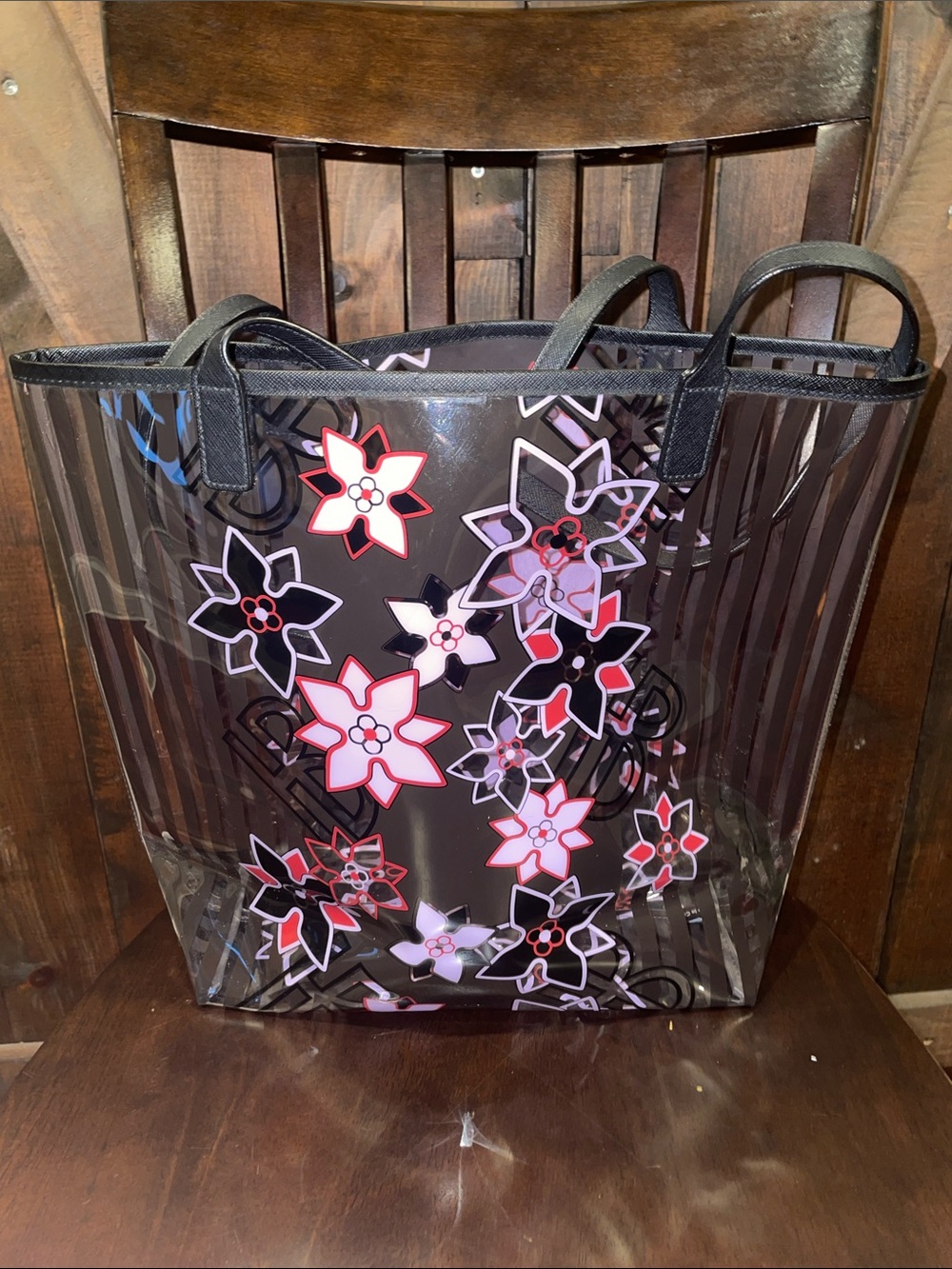 henri bendel Clear Floral Tote in Black, Pink and Red